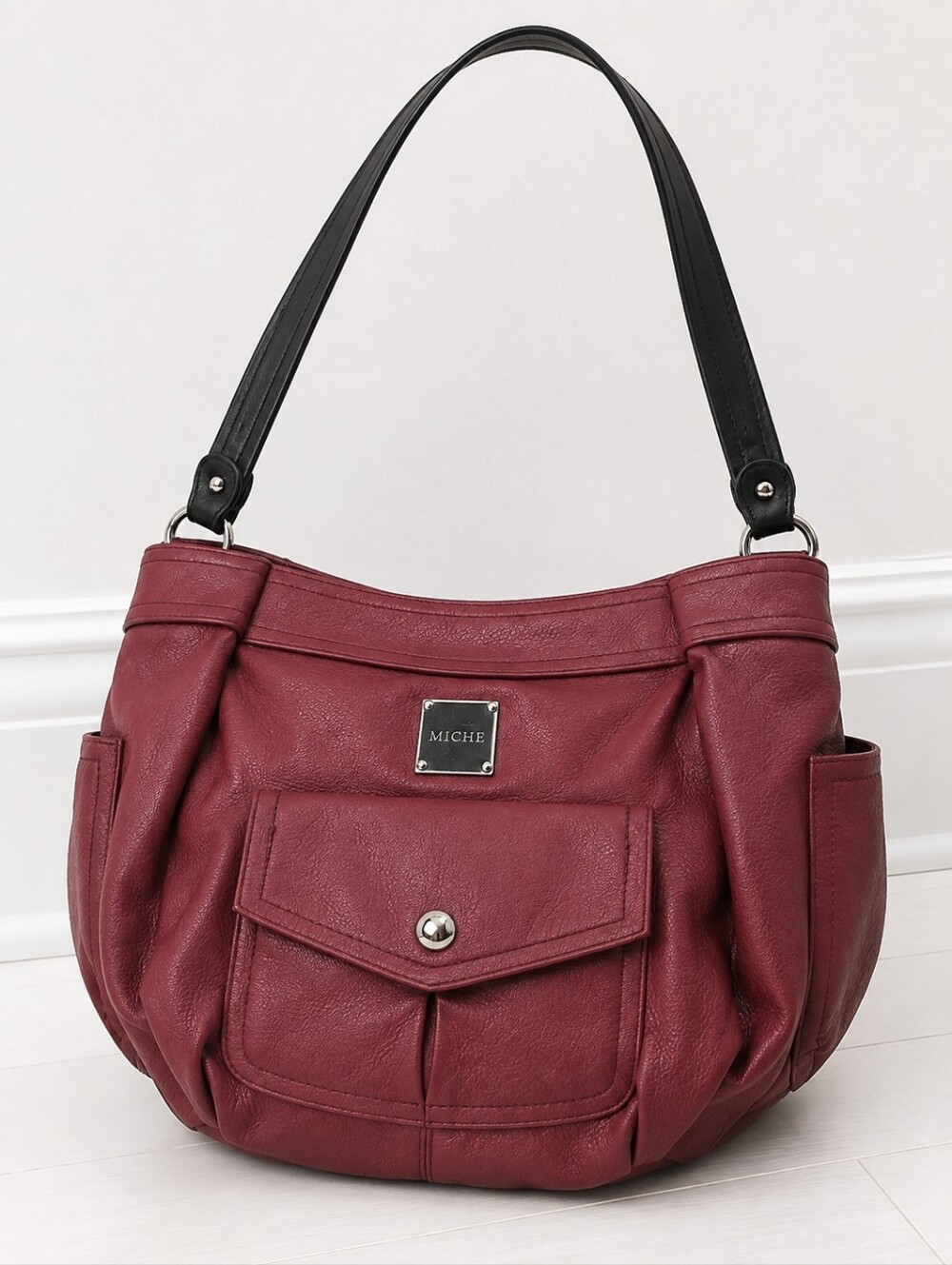 MICHE Red-Burgundy Shoulder Bag with Black Strap. Excellent Condition.